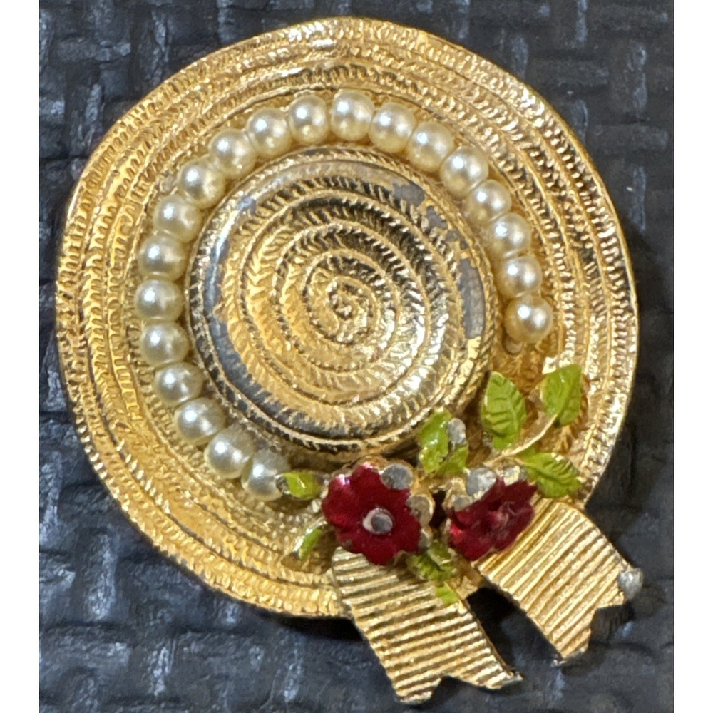 VTG CINER Gold Toned Sun Bonnet Hat Brooch w/ Enamel Flowers & Faux Pearls | Pin